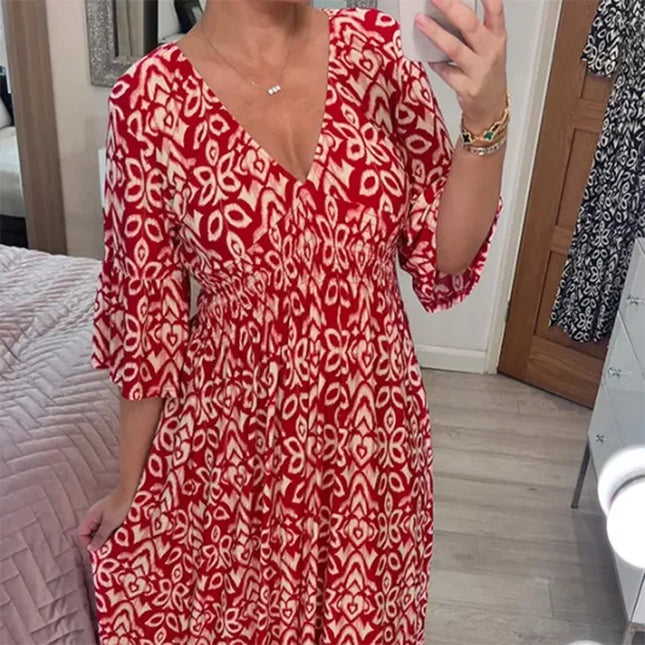 Ruth™ | Casual V-Neck Printed Dress Red Dresses