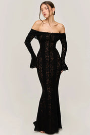 Women's Hollow-Out Lace Backless Maxi Dress Black Dresses