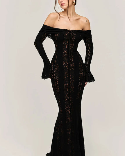 Women's Hollow-Out Lace Backless Maxi Dress Black Dresses