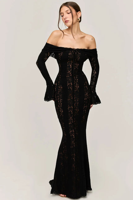 Women's Hollow-Out Lace Backless Maxi Dress Black Dresses