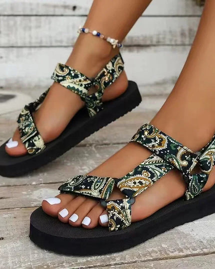 Boho Summer Sandals – Flat Embellished Leather Sandals with Adjustable Straps Green Sandals