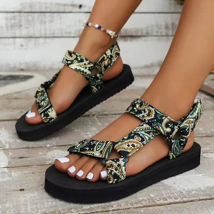 Boho Summer Sandals – Flat Embellished Leather Sandals with Adjustable Straps Green Sandals