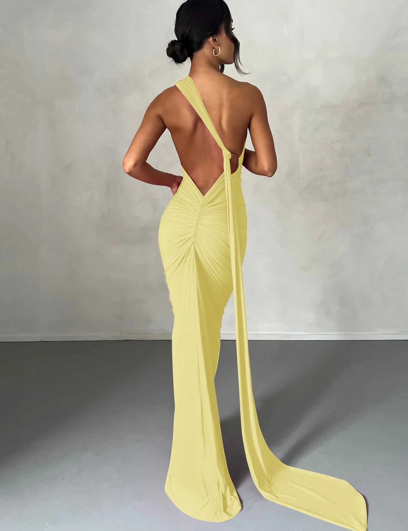Hugcitar One‑Shoulder Ruched Maxi Dress Light Yellow Dresses