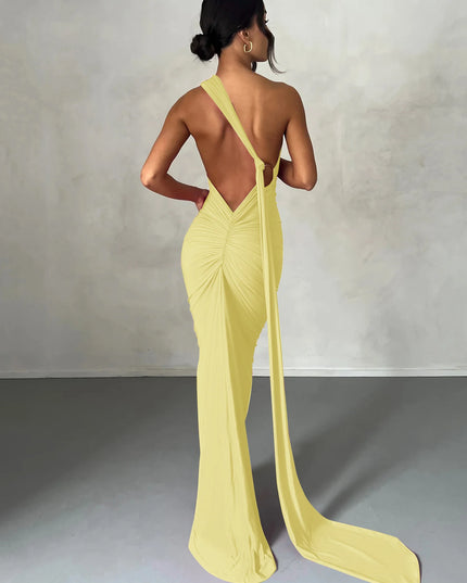 Hugcitar One‑Shoulder Ruched Maxi Dress Light Yellow Dresses