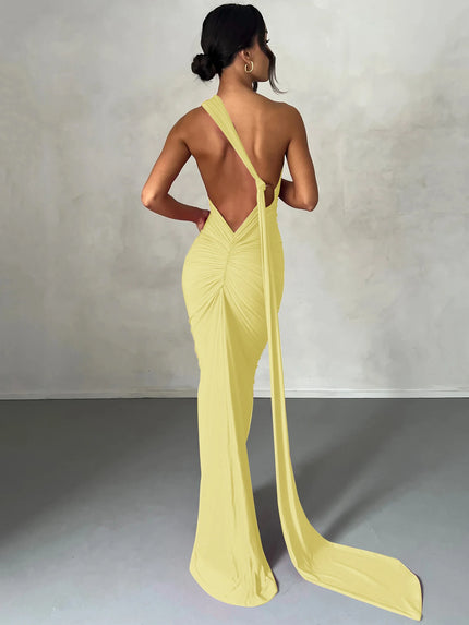 Hugcitar One‑Shoulder Ruched Maxi Dress Light Yellow Dresses