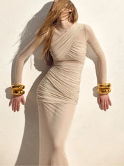 Articat Elegant Mesh Patchwork Long Sleeve Bodycon Dress Beige Dresses