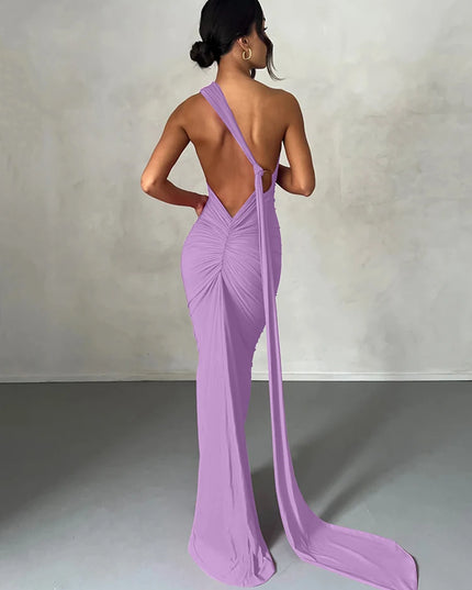 Hugcitar One‑Shoulder Ruched Maxi Dress Light Purple Dresses