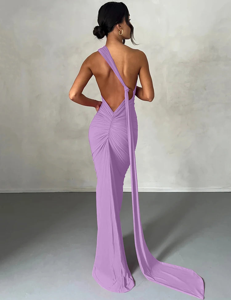Hugcitar One‑Shoulder Ruched Maxi Dress Light Purple Dresses