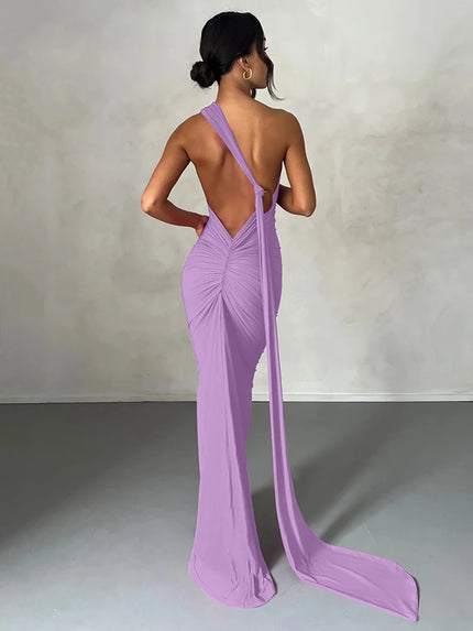 Hugcitar One‑Shoulder Ruched Maxi Dress Light Purple Dresses