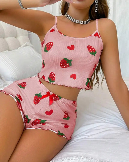Women’s Strawberry Print Milk-Silk Cami & Shorts Pajama Set Women's Tops