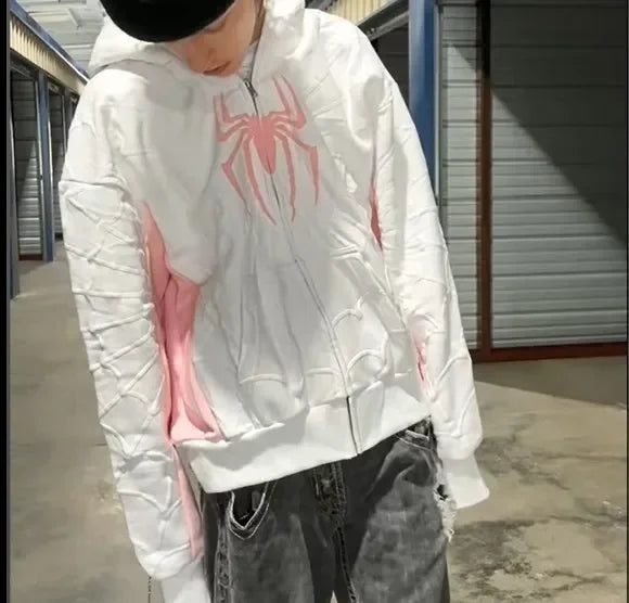 Y2K Spider Print Hooded Hoodie – Hip-Hop Style Pink Men's Hoodie