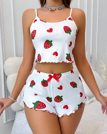 Women’s Strawberry Print Milk-Silk Cami & Shorts Pajama Set white Women's Tops