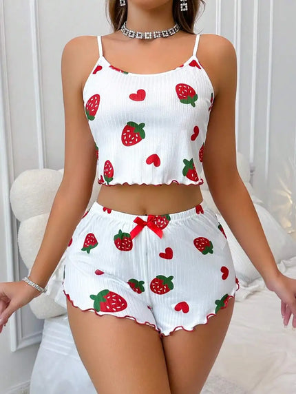 Women’s Strawberry Print Milk-Silk Cami & Shorts Pajama Set white Women's Tops