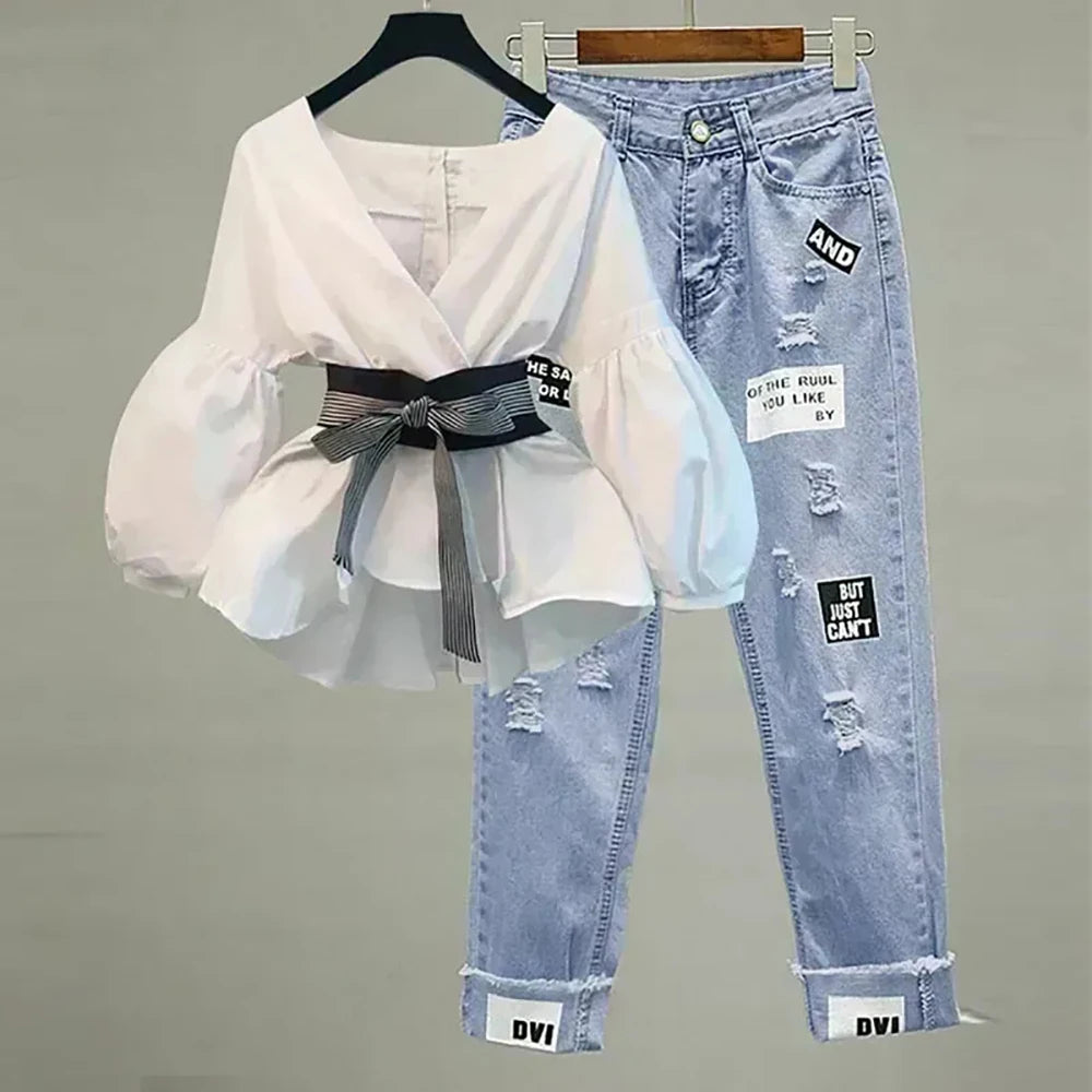 Bow-Tie Denim Two-Piece Set Only-White-Sets Outfit Sets