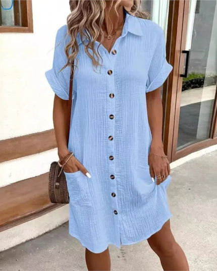 Camille™ | Casual Pleated Lapel Mini Shirt Dress Blue