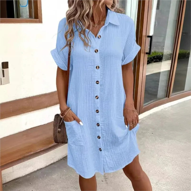 Camille | Casual Pleated Lapel Mini Shirt Dress Blue