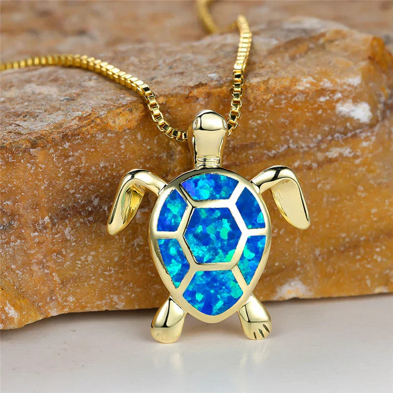 Ocean's Promise Opal Turtle Necklace Gold Blue Necklace
