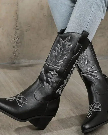 Mid‑Calf Block Heel Cowboy Boots Black Boots