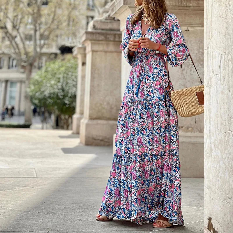Women’s Boho V-Neck Printed Midi Dress Rose Red Dresses