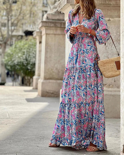 Women’s Boho V-Neck Printed Midi Dress – Long Sleeve High-Waist Casual Rose Red Dresses