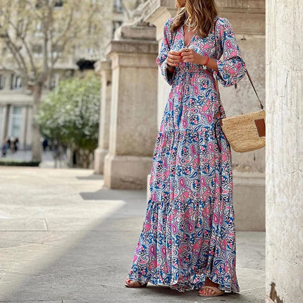 Women’s Boho V-Neck Printed Midi Dress Rose Red Dresses