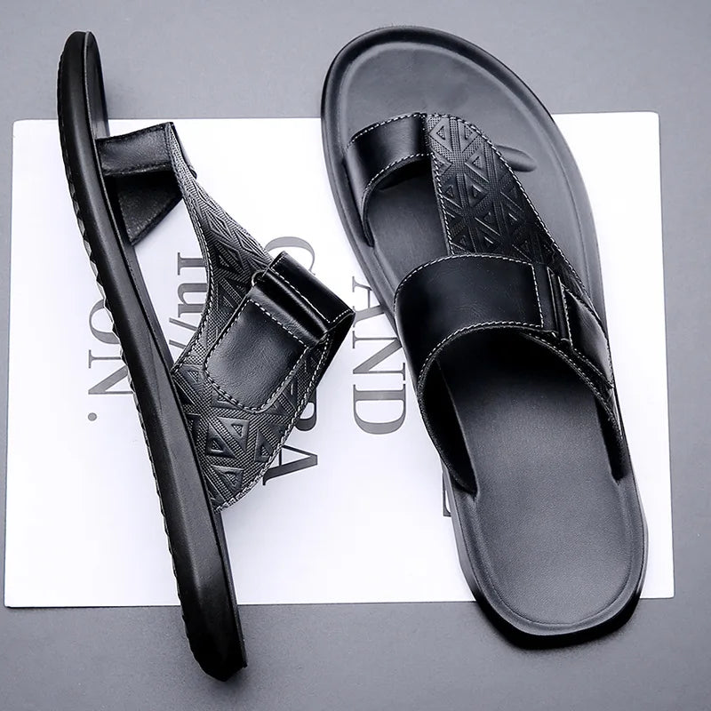Ashmere Leather Sandals – Textured Premium Leather Slides Black Sandals