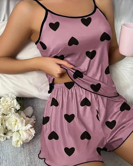 Women's Ice-Silk Heart-Print Pajama Set Women's Tops