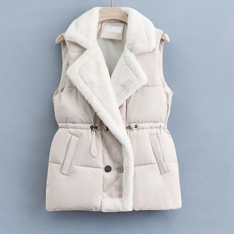 Elegant Layering Vest – Faux-Fur Collar Puffer White Women's Jacket