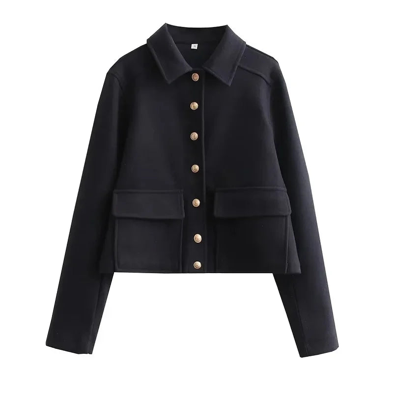 Chic Heather™ | Wool Cropped Jacket Navy Blue Coat