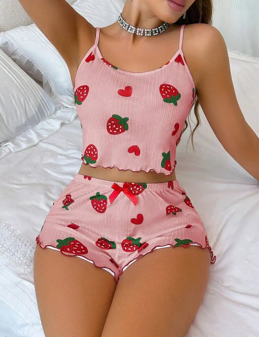 Women’s Strawberry Print Milk-Silk Cami & Shorts Pajama Set pink Women's Tops
