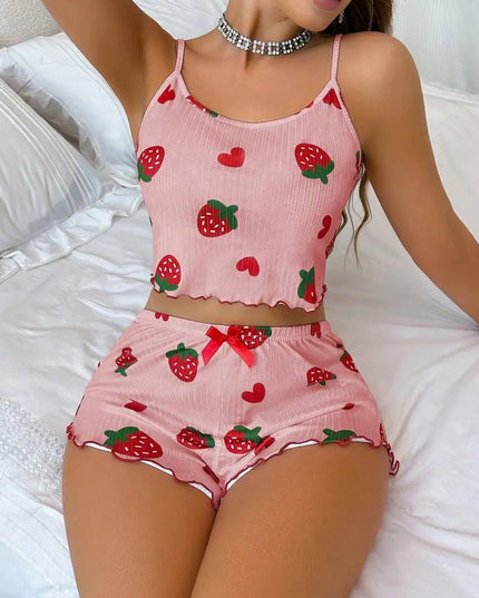 Women’s Strawberry Print Milk-Silk Cami & Shorts Pajama Set pink Women's Tops
