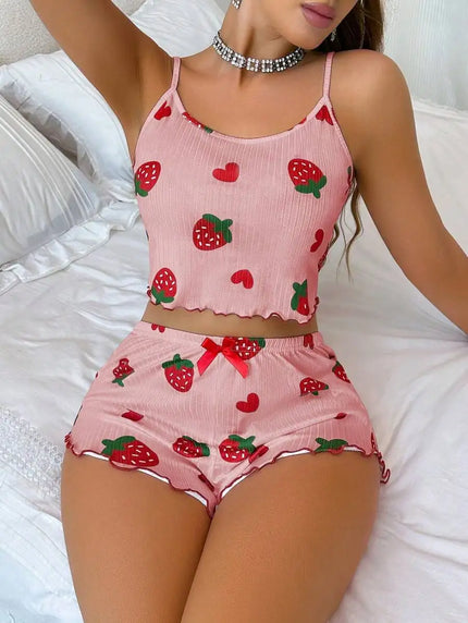 Women’s Strawberry Print Milk-Silk Cami & Shorts Pajama Set pink Women's Tops