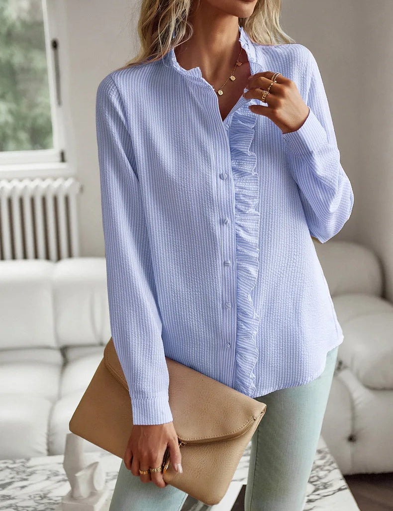 Nora I Elegant Office Frill with Stand-Up Collar Shirt Blue Women Blouse