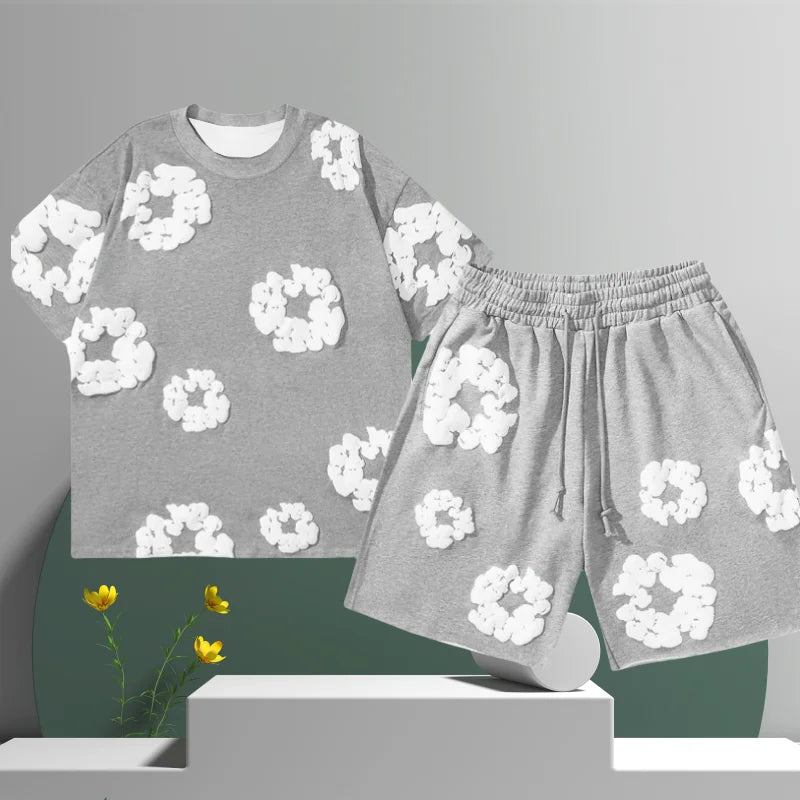 Men's Denim Tears Cotton Flower 3D Printed Shorts Set Gray Shorts