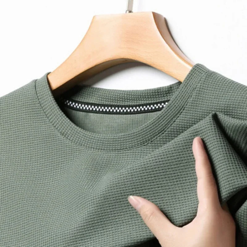 Men’s Summer Waffle Knit Round Neck T-Shirt – Lightweight Casual Tee Men T-Shirts