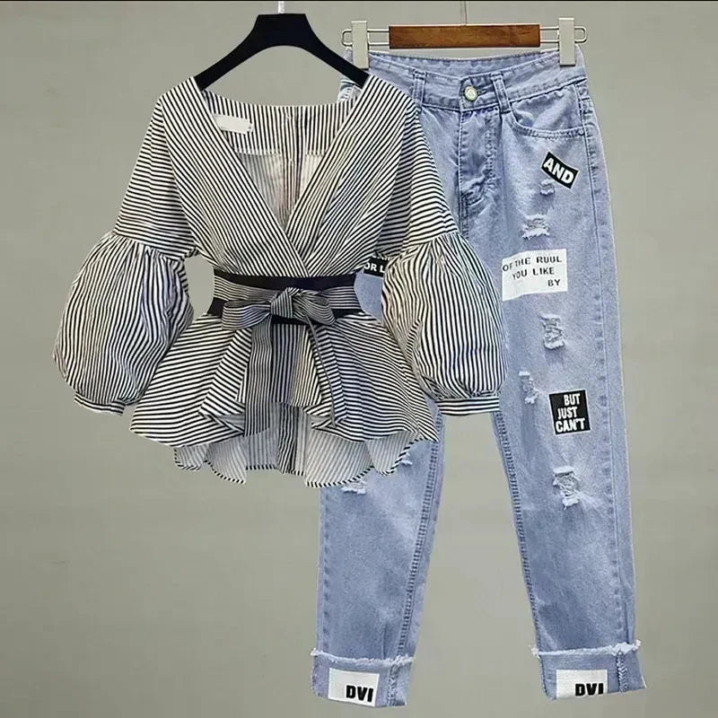 Bow-Tie Denim Two-Piece Set Only-Stripe-Sets Outfit Sets