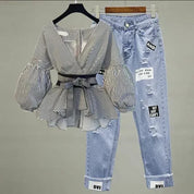 Bow-Tie Denim Two-Piece Set Only-Stripe-Sets Outfit Sets