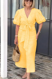 Esther | V-Neck Cotton Dress With Laces Yellow Dresses