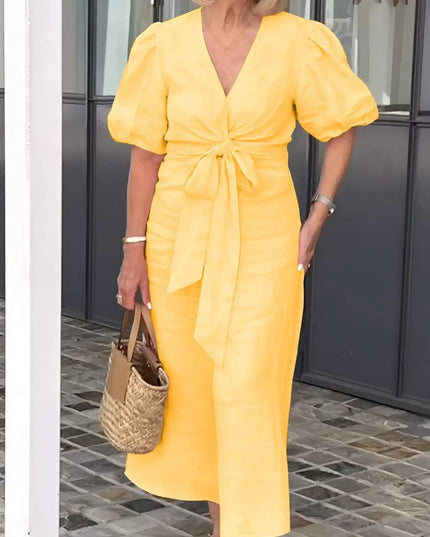 Esther | V-Neck Cotton Dress With Laces Yellow Dresses