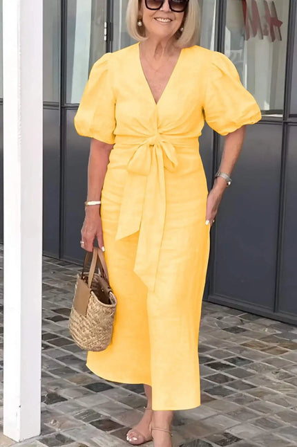 Esther | V-Neck Cotton Dress With Laces Yellow Dresses