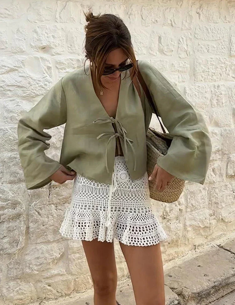 Seraphina | Lace Up Bow Shirt Green Blouse