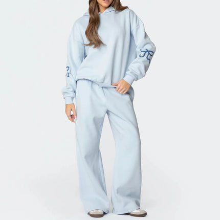 Women’s 2-Piece Bow Print Hoodie & Wide Leg Pants Set Baby Blue Two piece set