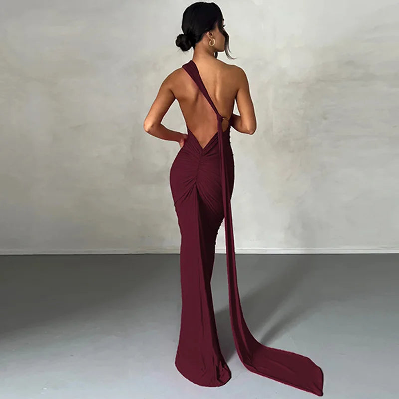 Hugcitar One‑Shoulder Ruched Maxi Dress Claret Dresses