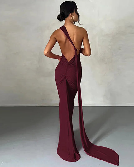 Hugcitar One‑Shoulder Ruched Maxi Dress Claret Dresses