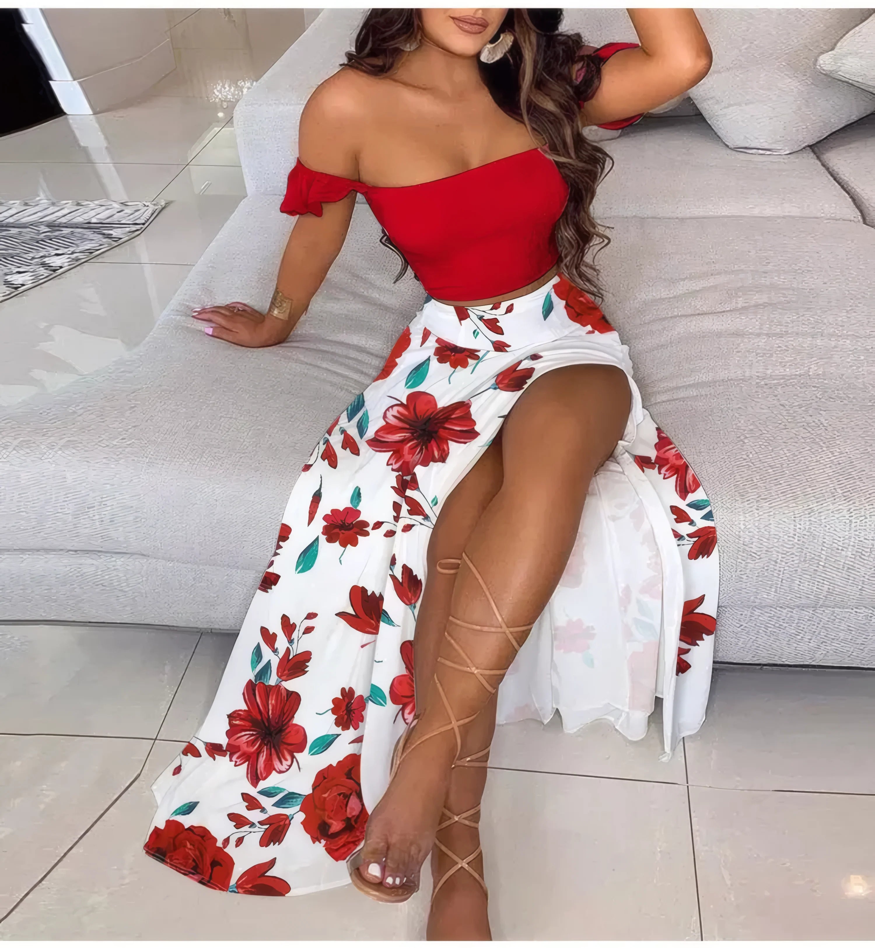 Boho Chic Ensemble Two Piece Set Red Flowers
