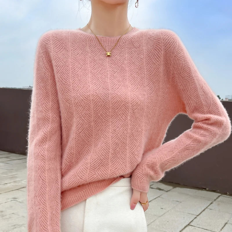 Portofino Knit Sweater – Merino Chevron Luxe Knits Pink Women Winter Sweaters