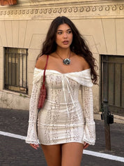 Women's Hollow-Out Lace Backless Maxi Dress White Short Dress Dresses