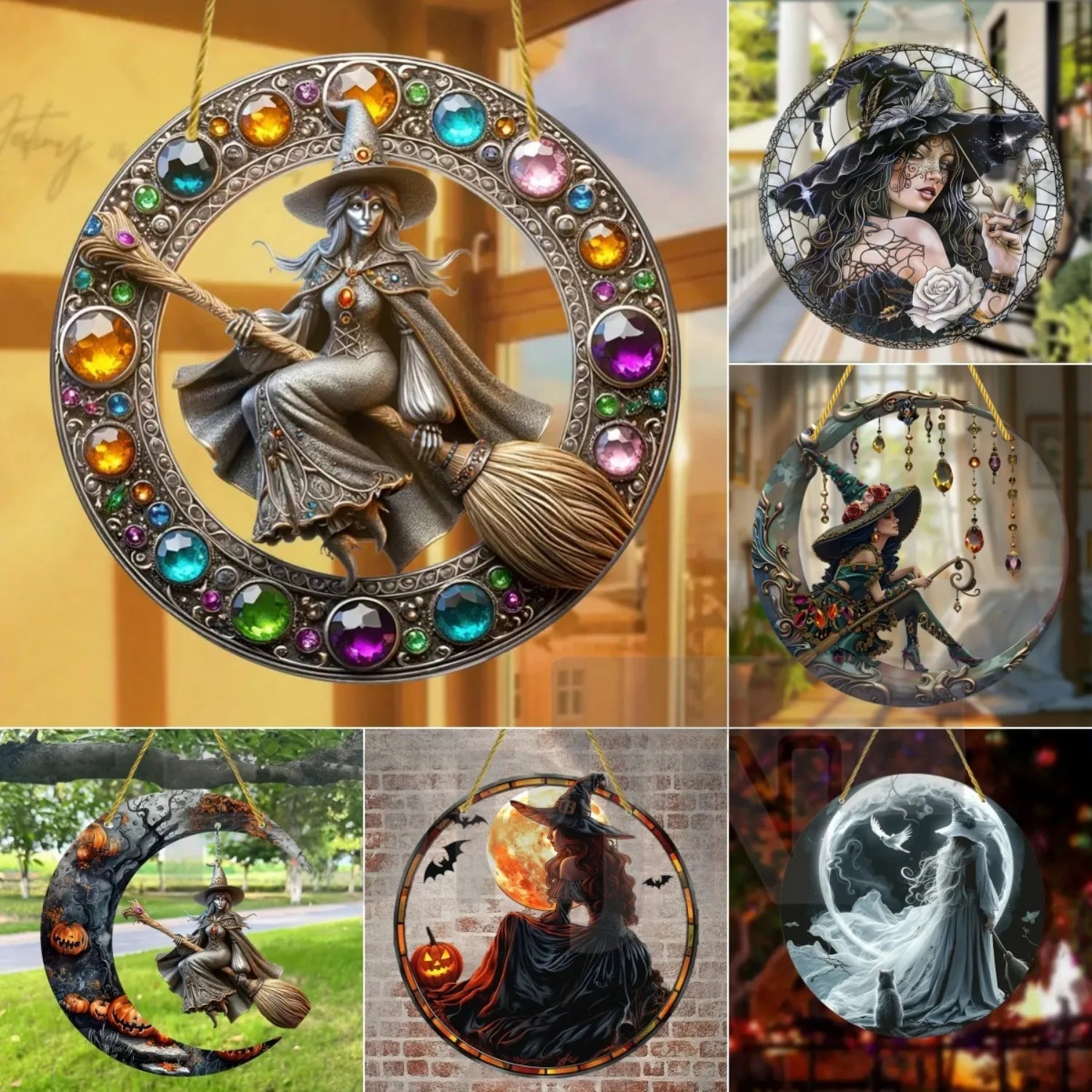Moonlit Witch & Broom Acrylic Suncatcher Halloween Decorations