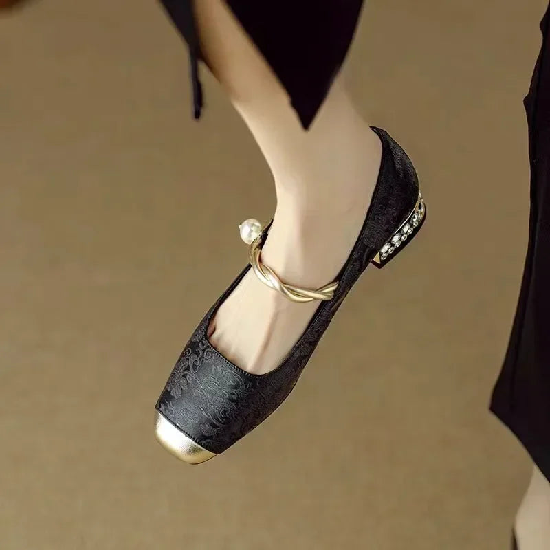 Verona Pearl Pumps – Silk-Textured Low Heels Black Women Shoes