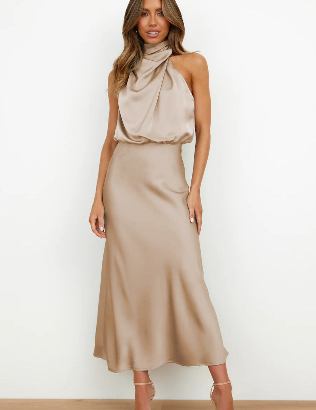 Carlina | Elegant Satin Long Dress with Halter Neckline Dresses